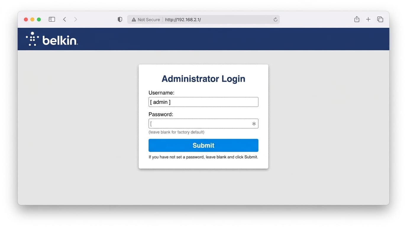 Belkin router web admin login page showing blank password field and Submit button