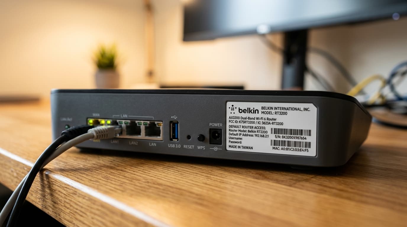 Belkin router with its label sticker visible, showing the default IP address 192.168.2.1 and blank login credentials