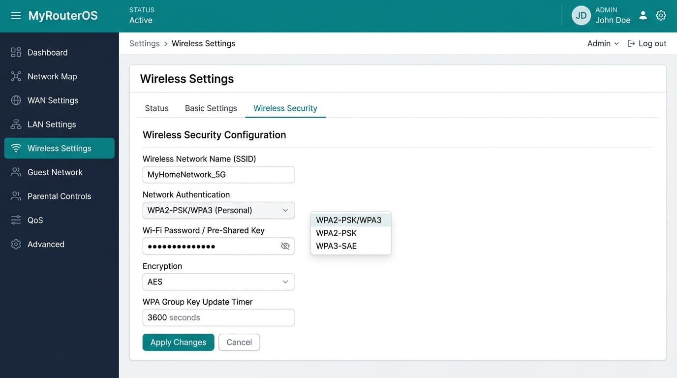 Changing the Wi-Fi network password inside the 192.168.0.254 admin panel