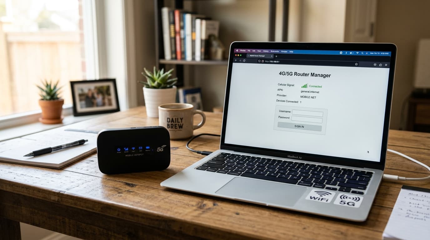 Compact 4G/5G mobile WiFi hotspot on a workspace desk with laptop accessing local router admin login at 192.168.8.1