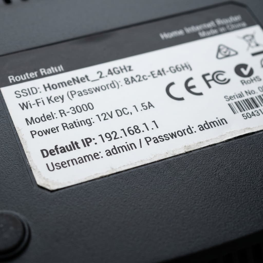 Close-up of a router's underside sticker showing a default IP address and admin login
