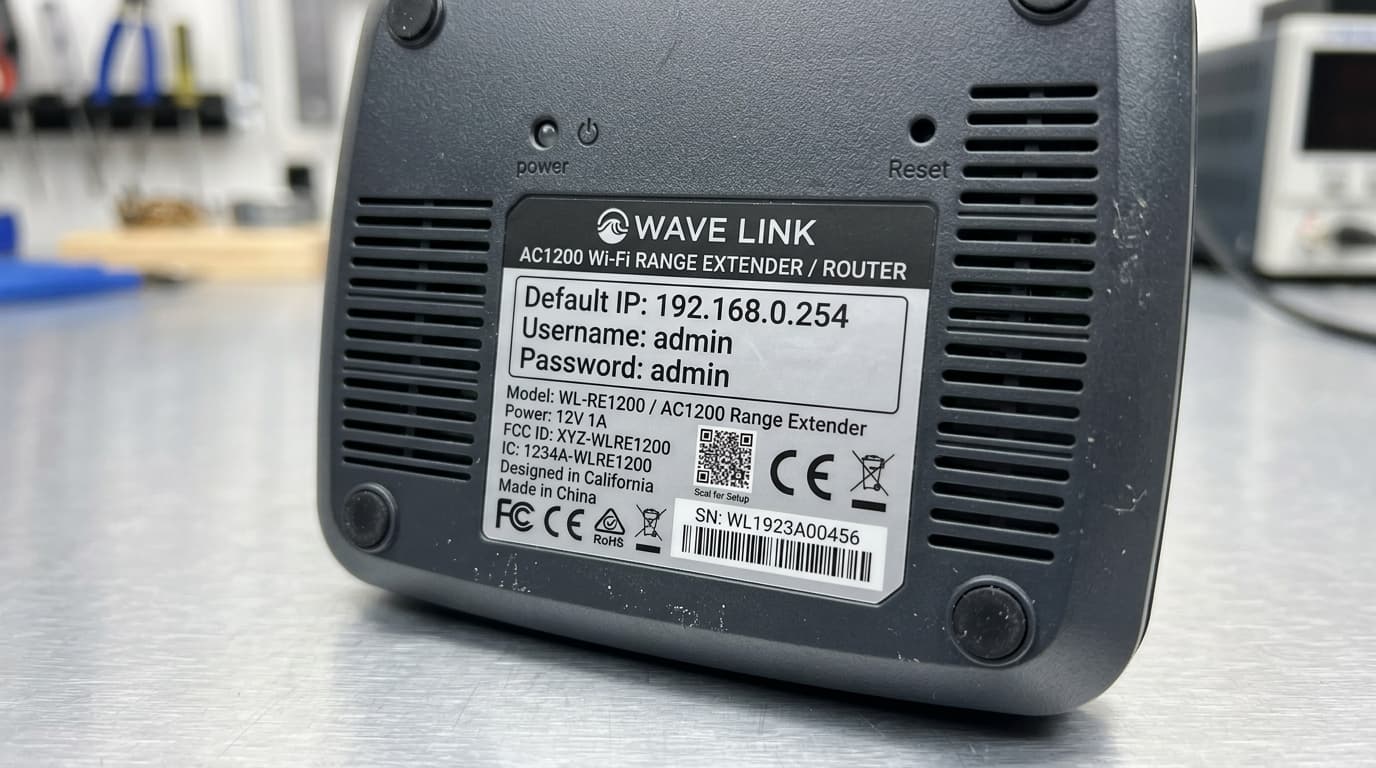 Router back sticker showing default admin username and password