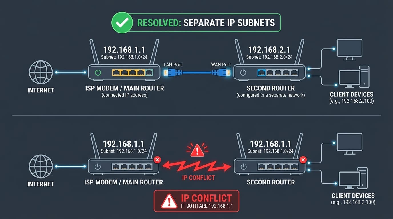 Two routers connected on separate subnets (192.168.1.1 and 192.168.2.1) versus IP subnet conflict