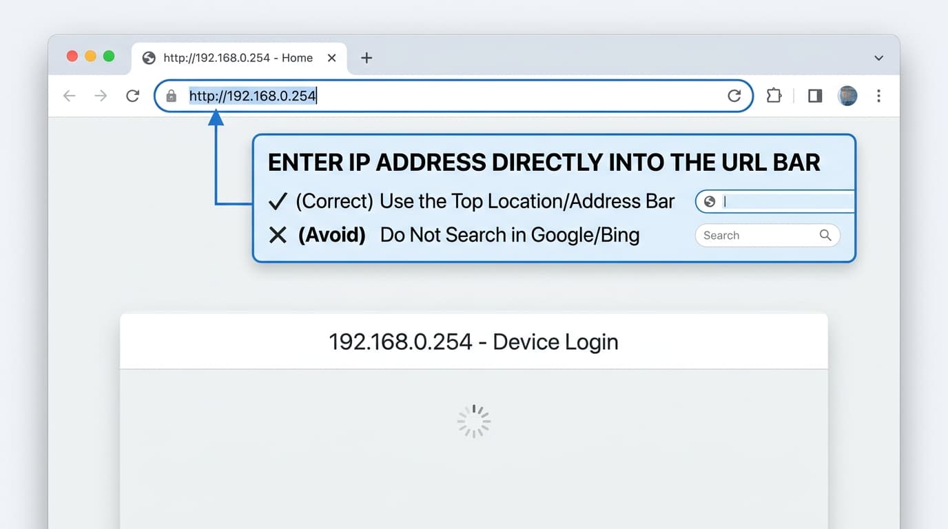 Typing the 192.168.0.254 IP address into a web browser URL bar