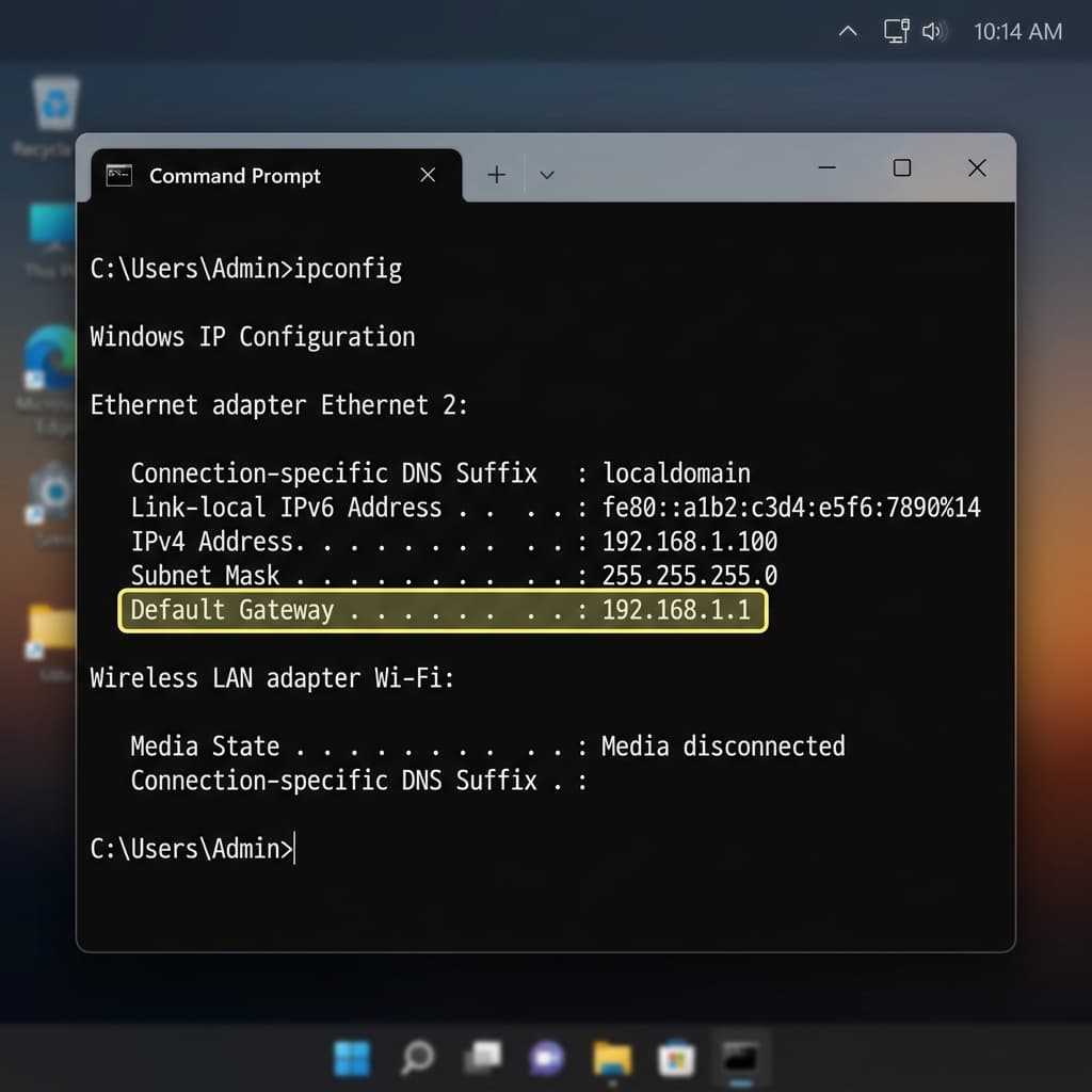 Windows Command Prompt displaying ipconfig output used to find the router default gateway IP address