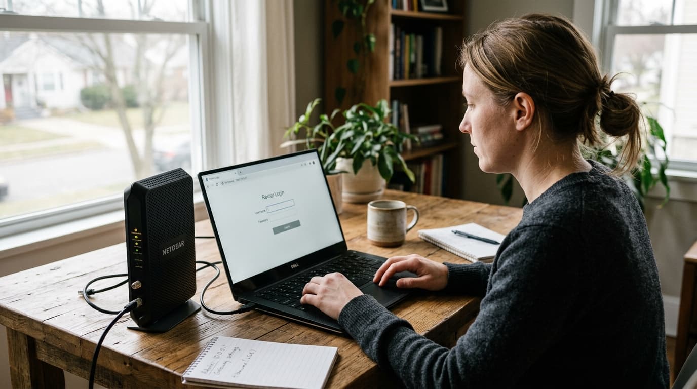 Person sitting at a home desk logging into a cable internet gateway admin dashboard at 10.0.0.1 on an open laptop