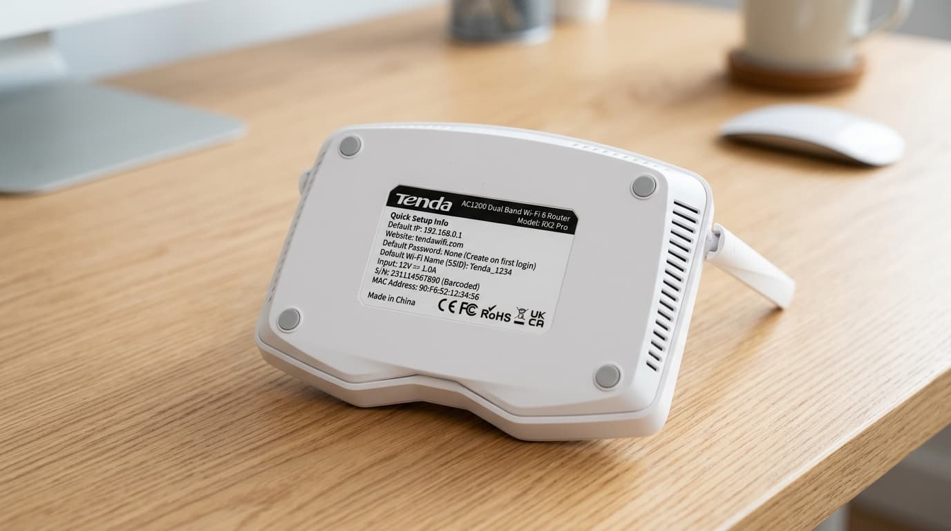 Tenda router underside label showing default IP 192.168.0.1 and tendawifi.com login domain