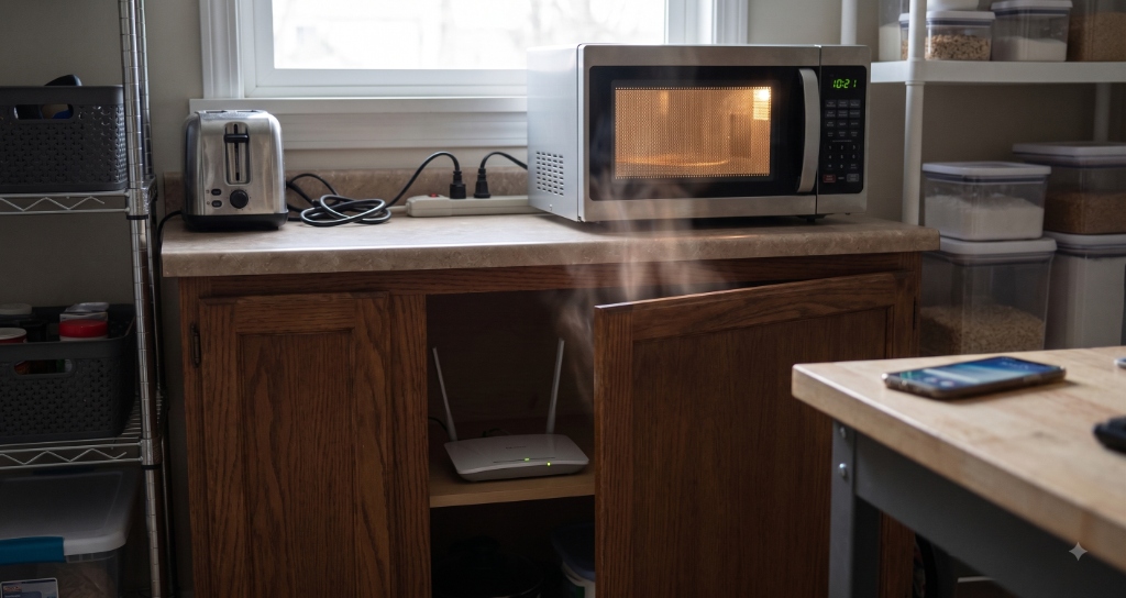 Bad router placement: Wi-Fi router enclosed in a wooden cabinet directly underneath a microwave and next to a toaster, causing severe signal interference and heat traps