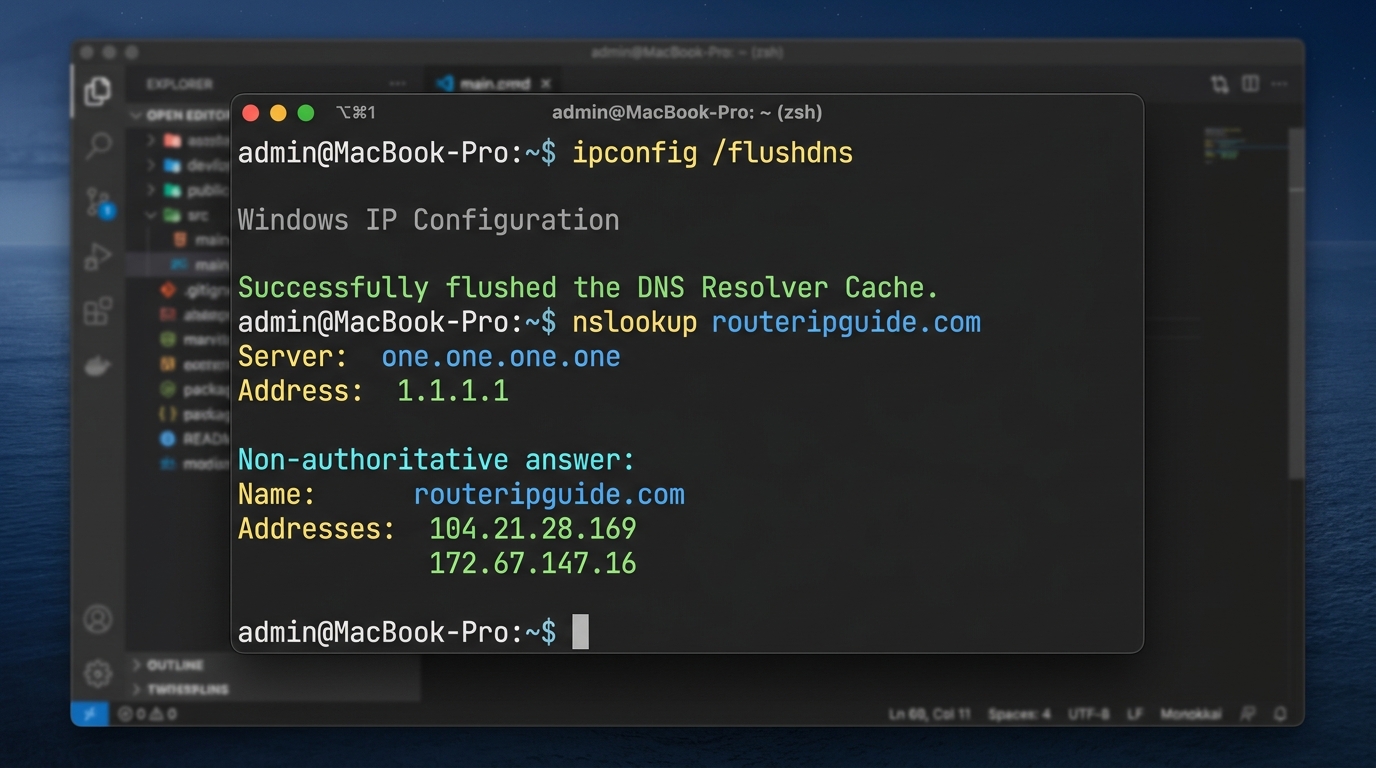Command terminal showing ipconfig flushdns and nslookup routeripguide.com test results