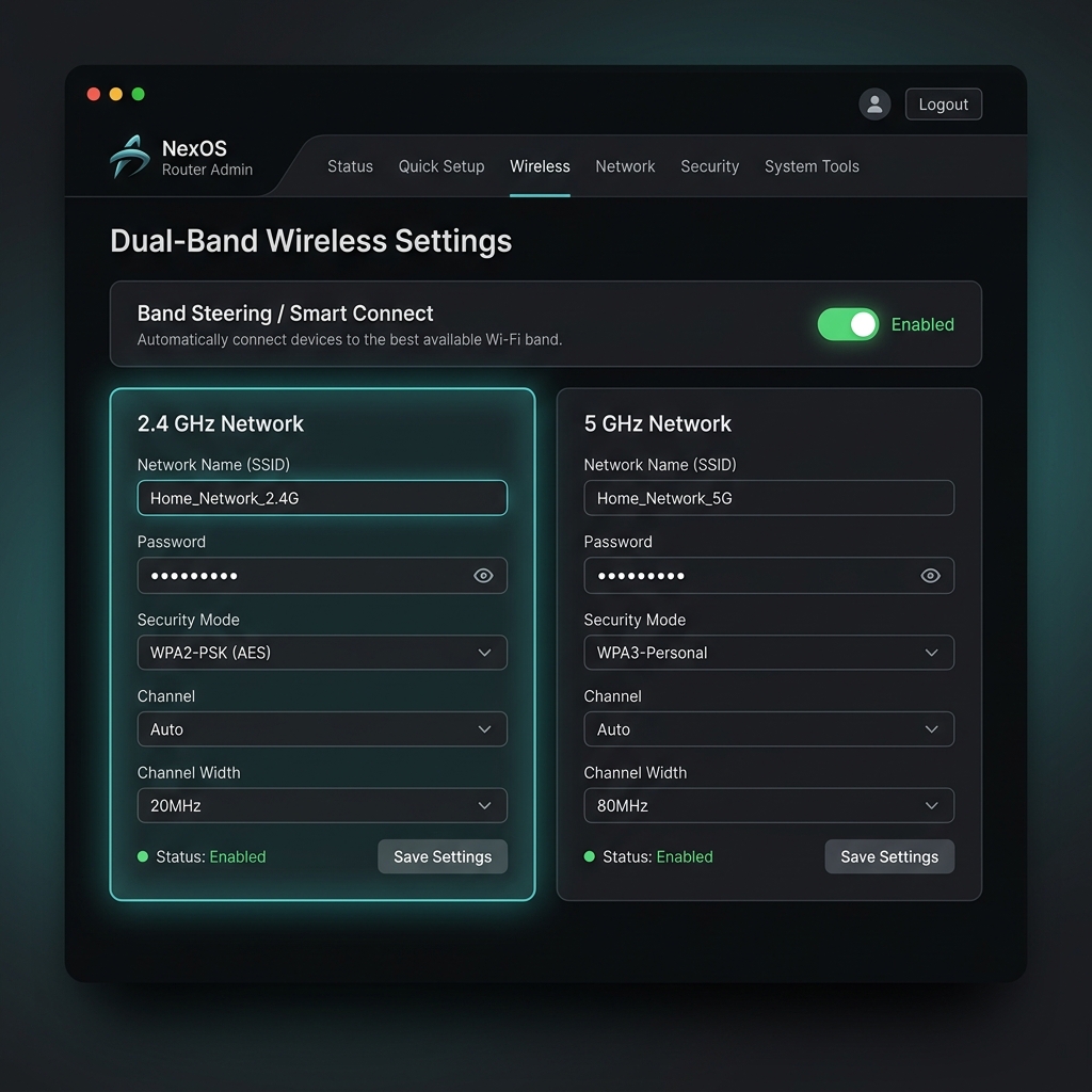 Dual-band settings screen showing separate 2.4GHz and 5GHz SSID/password fields side by side
