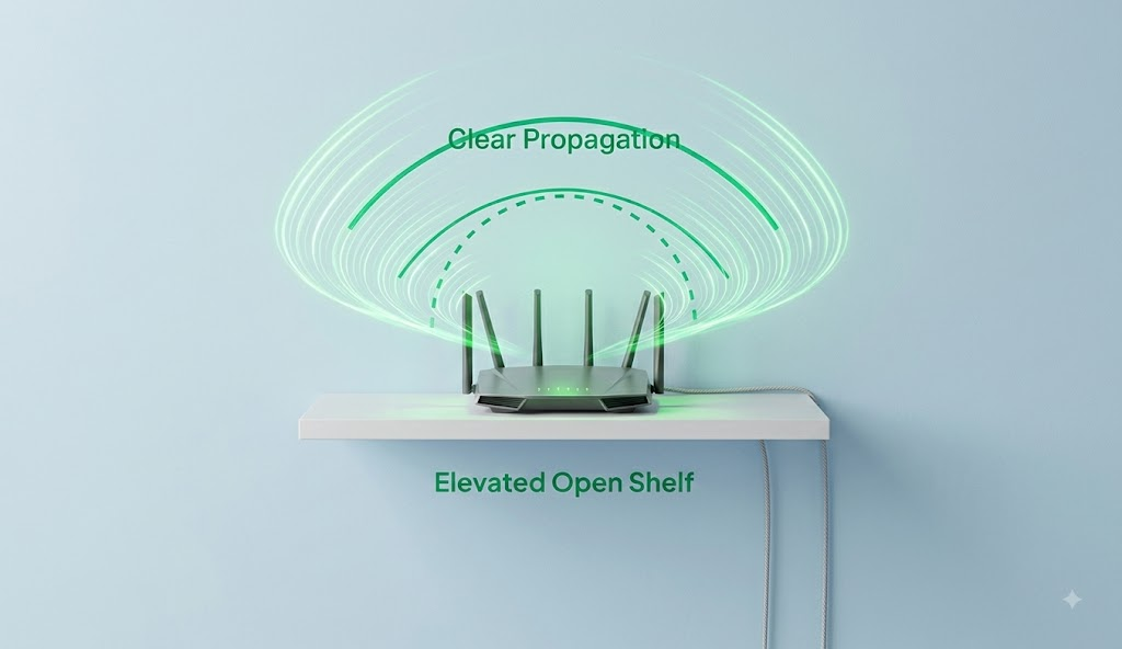 Good router placement: Wi-Fi router sitting elevated on an open table shelf, broadcasting green Wi-Fi signal arcs outward unimpeded for clear propagation and maximum coverage