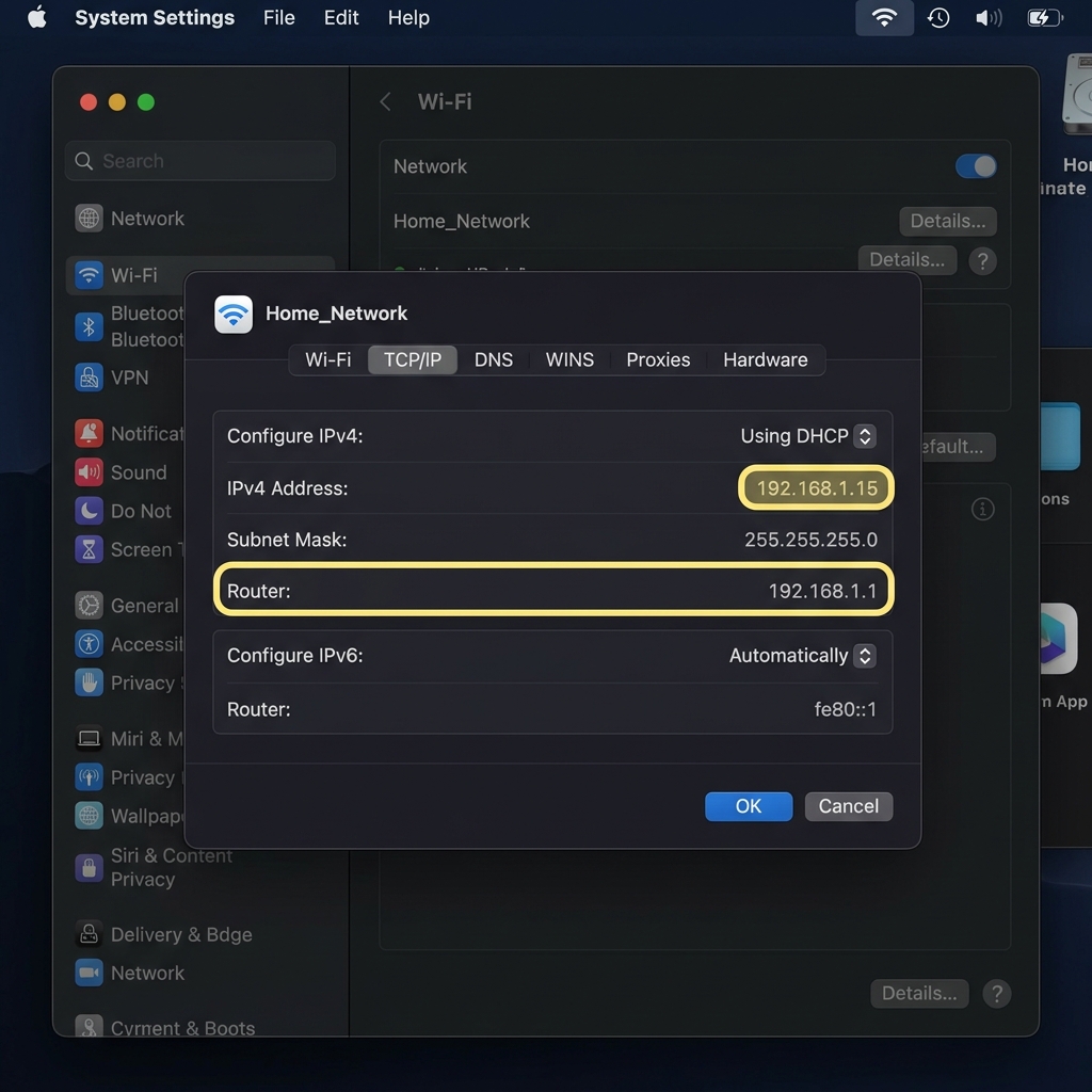 macOS System Settings Wi-Fi Details TCP/IP tab showing the Router field