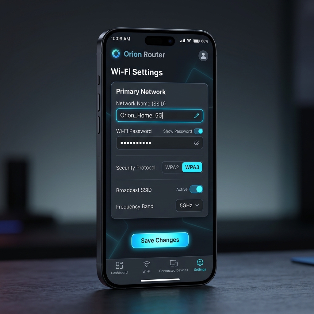 Router app screen showing Wi-Fi name and password edit fields