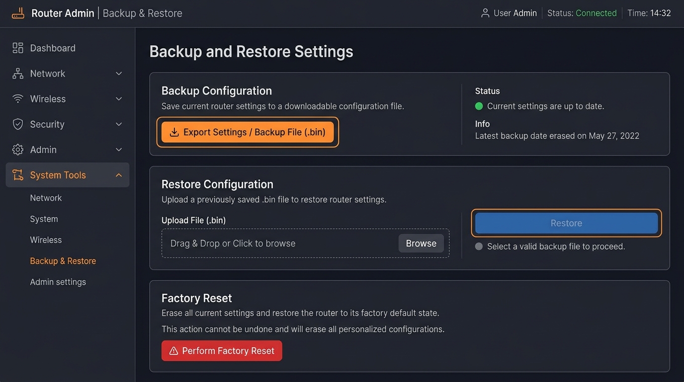 Router admin panel Backup and Restore settings page with Export Settings button highlighted