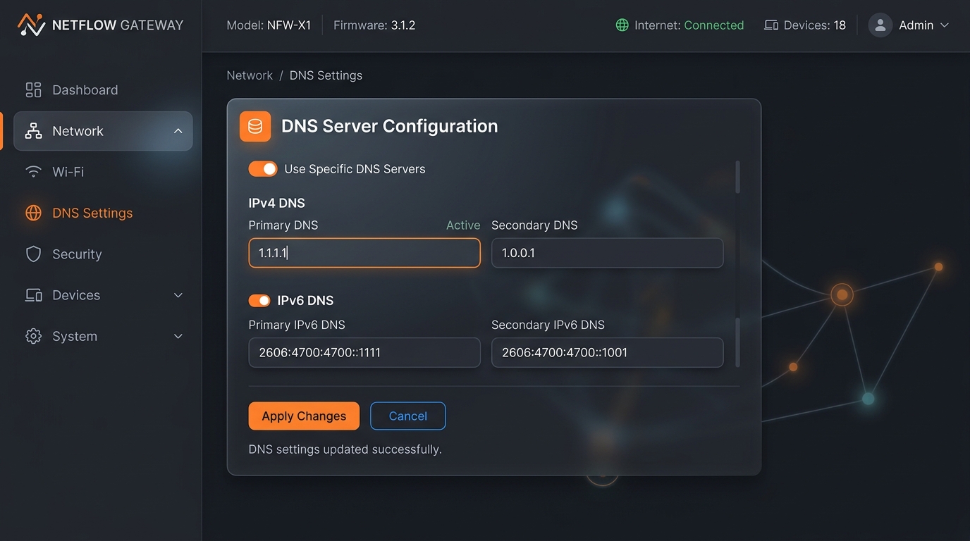Router admin panel showing Cloudflare DNS 1.1.1.1 and 1.0.0.1 configured