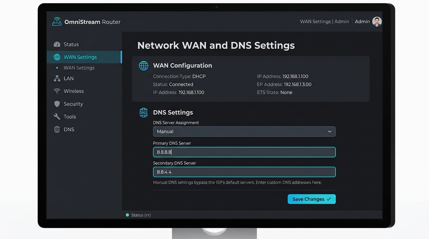 Router admin panel showing WAN and DNS settings with Google DNS 8.8.8.8 and 8.8.4.4