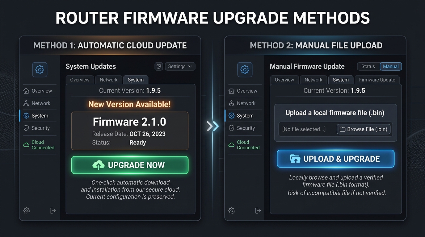 Side-by-side comparison of automatic firmware update notification vs manual upload screen
