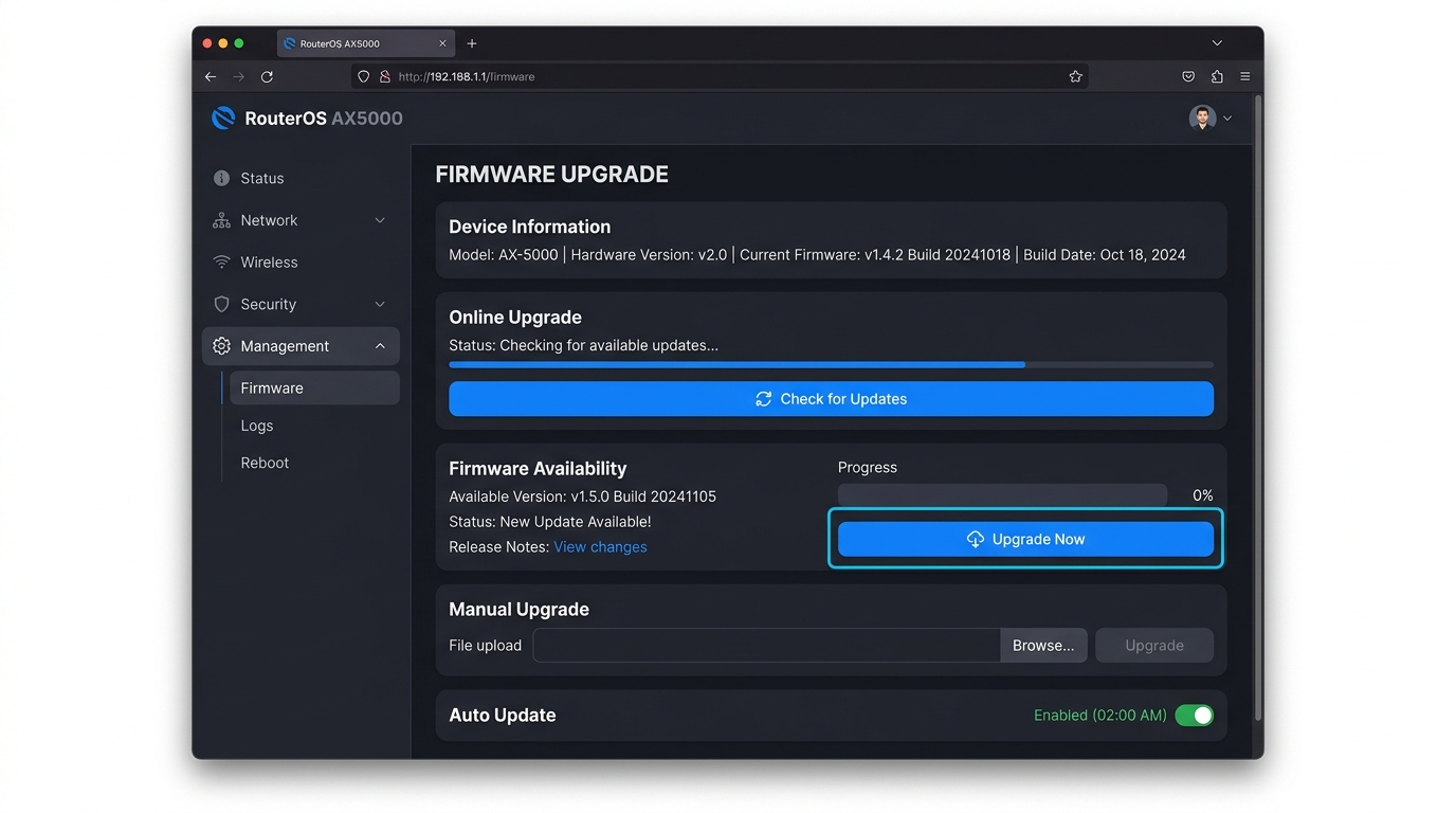 Router admin panel Firmware Upgrade page showing current version and an Upgrade button