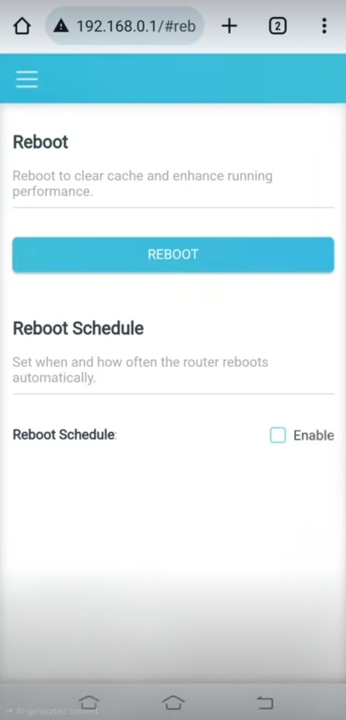 Router reboot button in mobile browser interface at 192.168.0.1