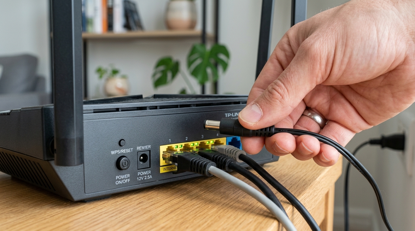 Hand unplugging a router's power cable from the back