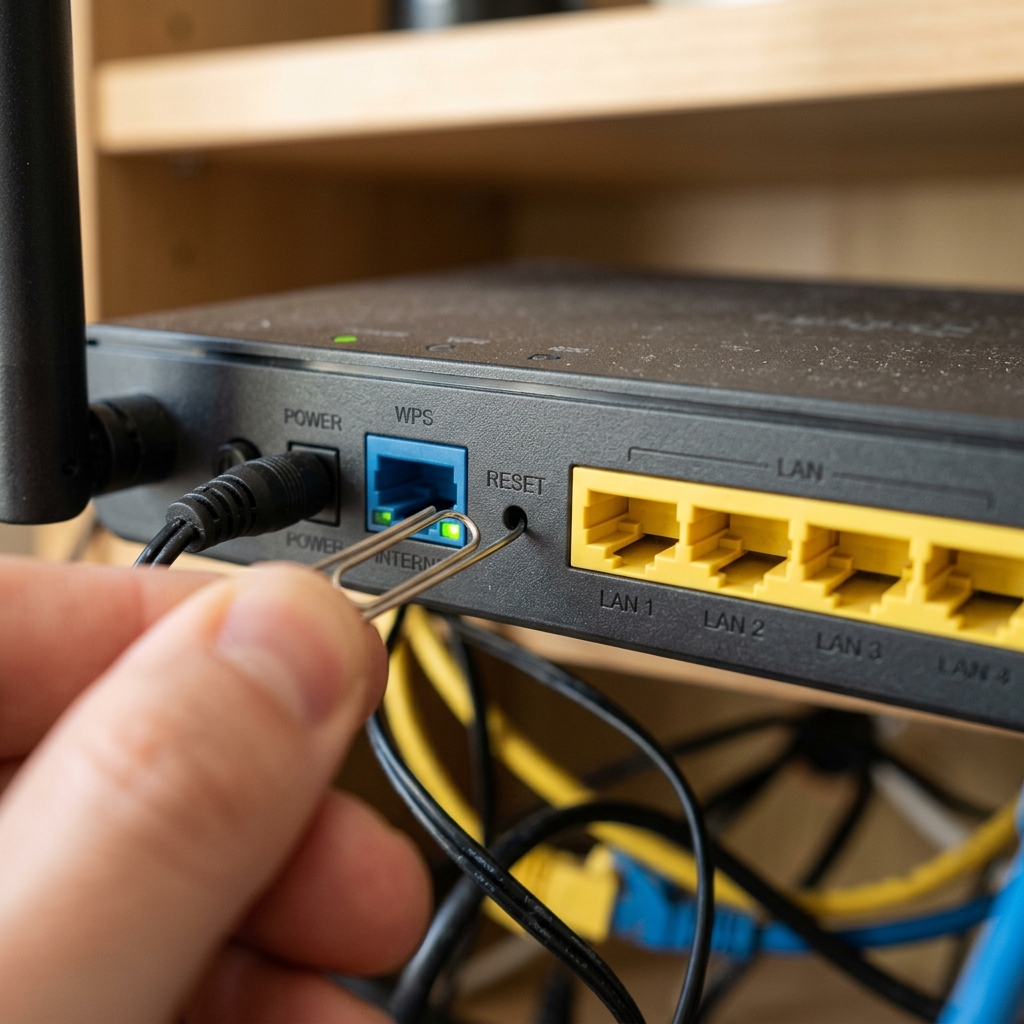 Close-up of a paperclip pressing a router's recessed reset button