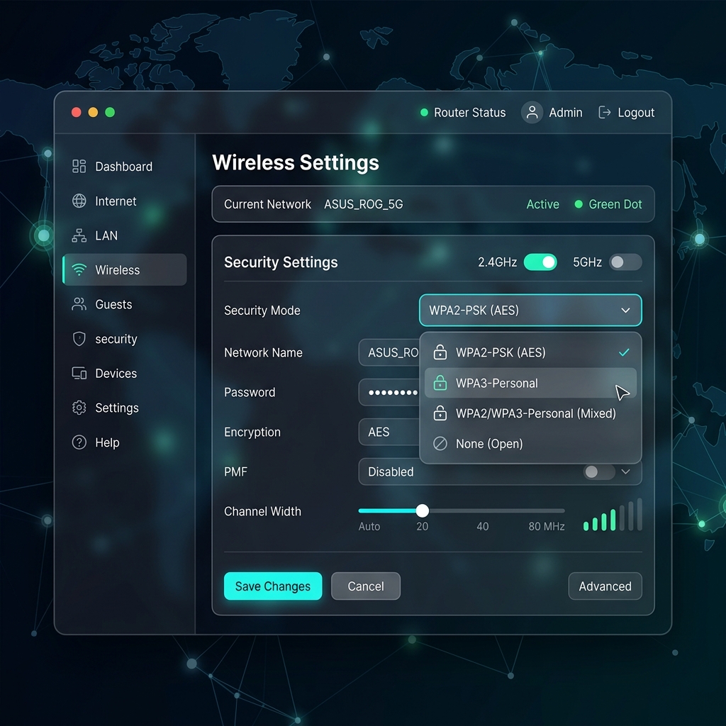 Router admin dashboard Wireless Settings screen showing SSID and Password fields