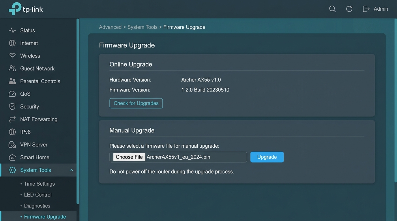 TP-Link admin panel Advanced > System Tools > Firmware Upgrade page with Choose File button