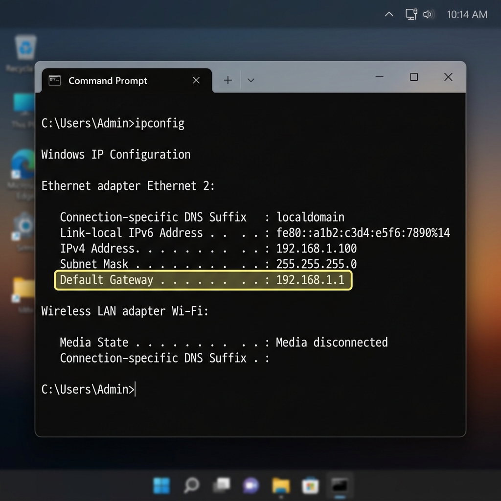 Command Prompt window showing ipconfig output with the Default Gateway line highlighted