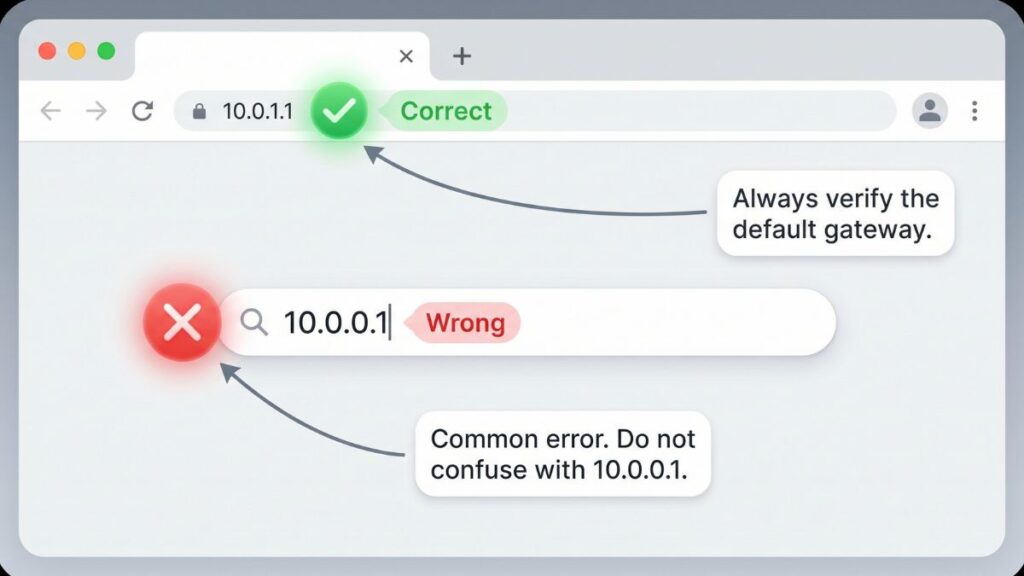 Comparison of correct IP 10.0.1.1 and wrong IP 10.0.0.1 in browser address bar for router login