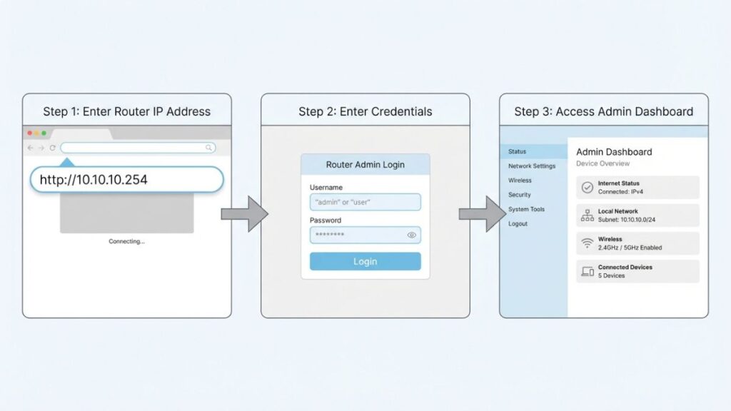 10.10.10.254 router login steps showing enter IP address credentials and access admin dashboard