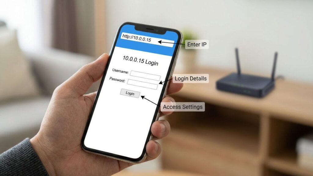 Smartphone showing router admin login page at 10.0.0.15 with username and password fields in a clean mobile interface