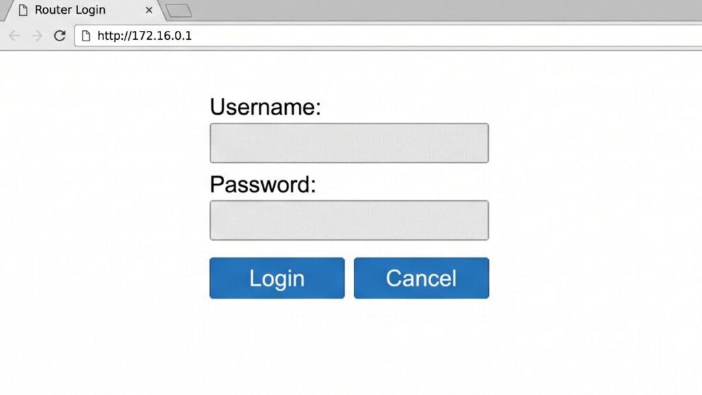 172.16.0.1 router login page showing username and password fields with login and cancel buttons