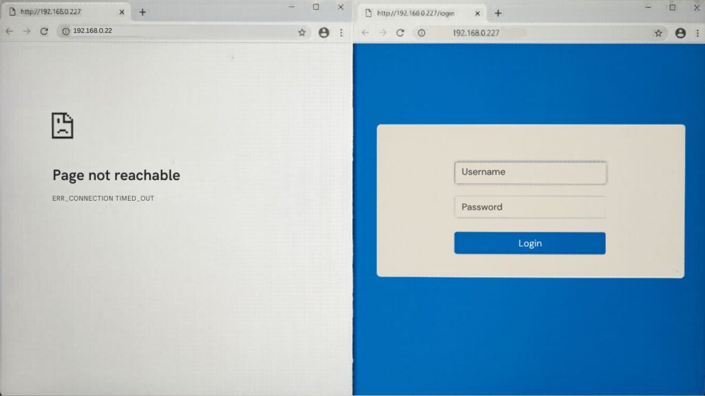 192.168.0.227 router login not working error page and successful login screen comparison