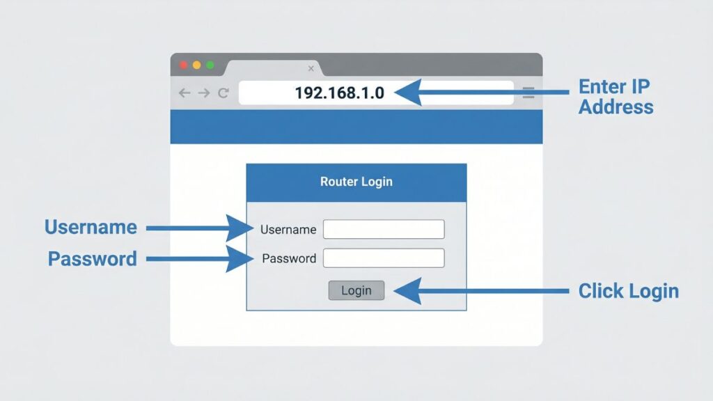 192.168.1.0 router login steps showing IP address entry username password and login button