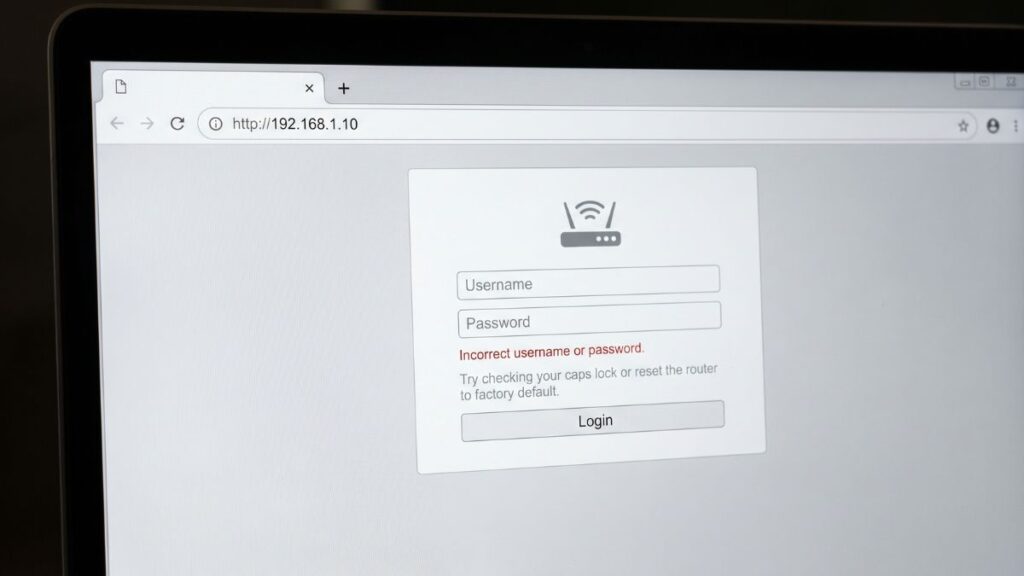 192.168.1.10 router login page showing incorrect username or password error message in browser