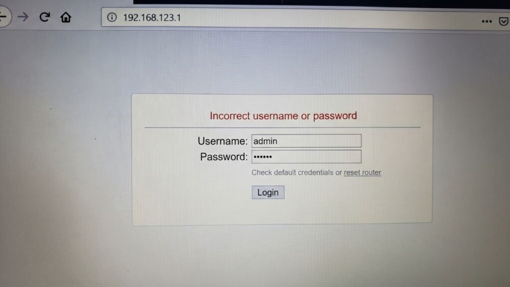 192.168.123.1 router login error showing incorrect username or password message