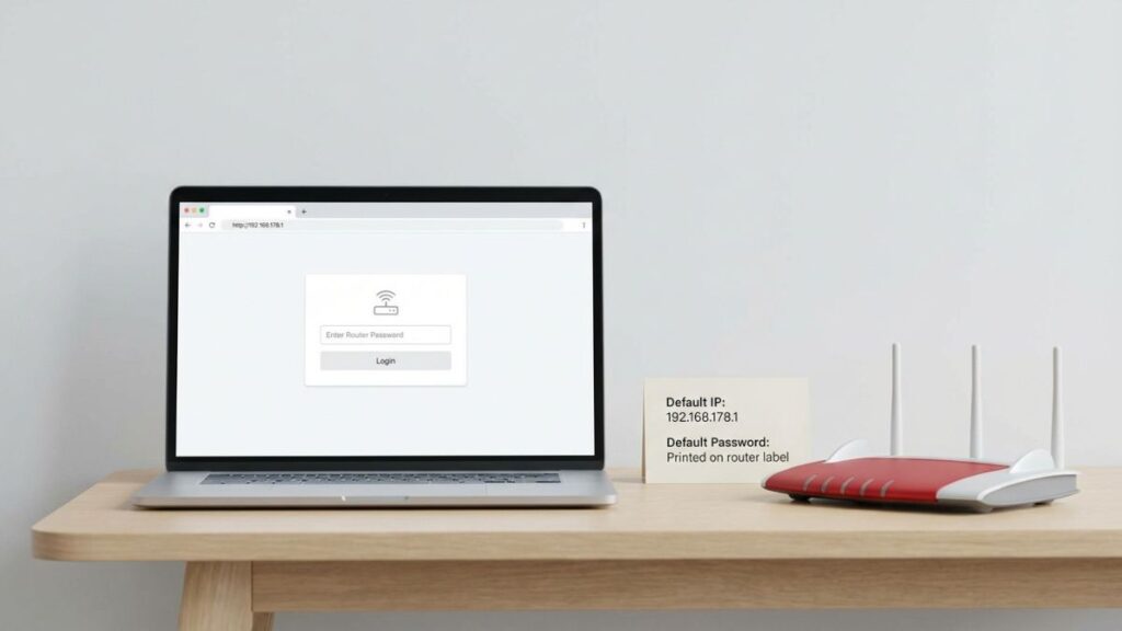 192.168.178.1 router login admin page on laptop with router and default login details displayed