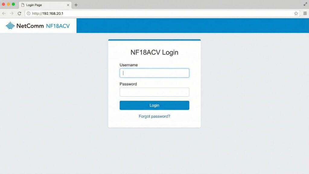 192.168.20.1 NetComm NF18ACV router login page with username and password fields