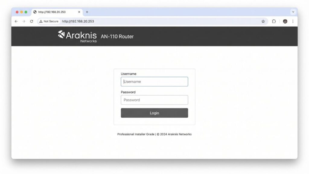 192.168.20.253 Araknis router admin login page with username and password fields