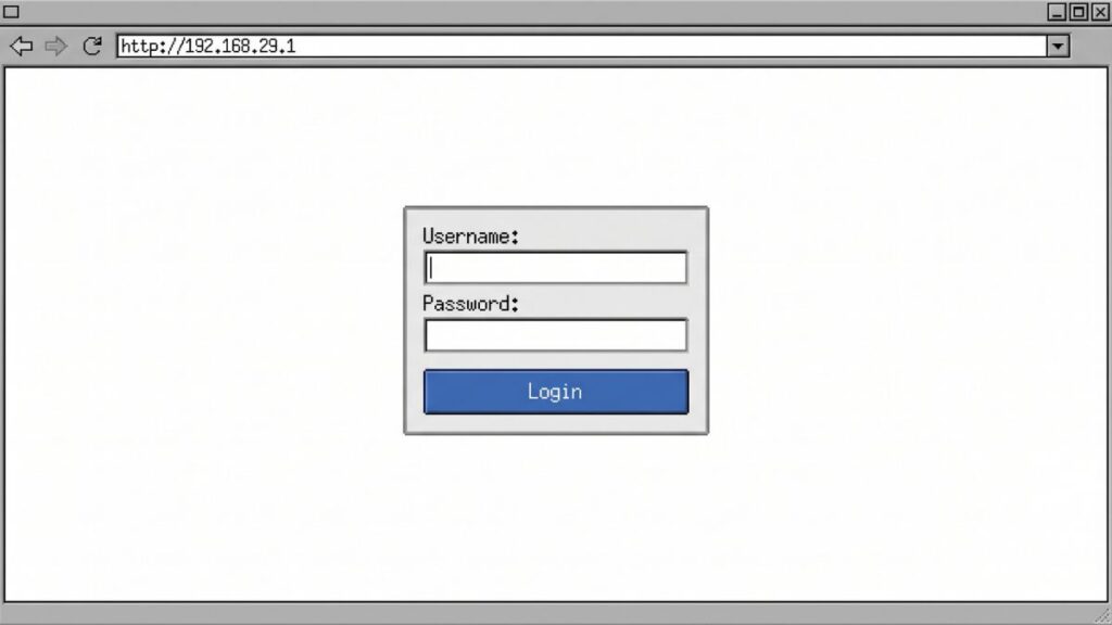 192.168.29.1 router login admin page with username and password fields in classic browser interface