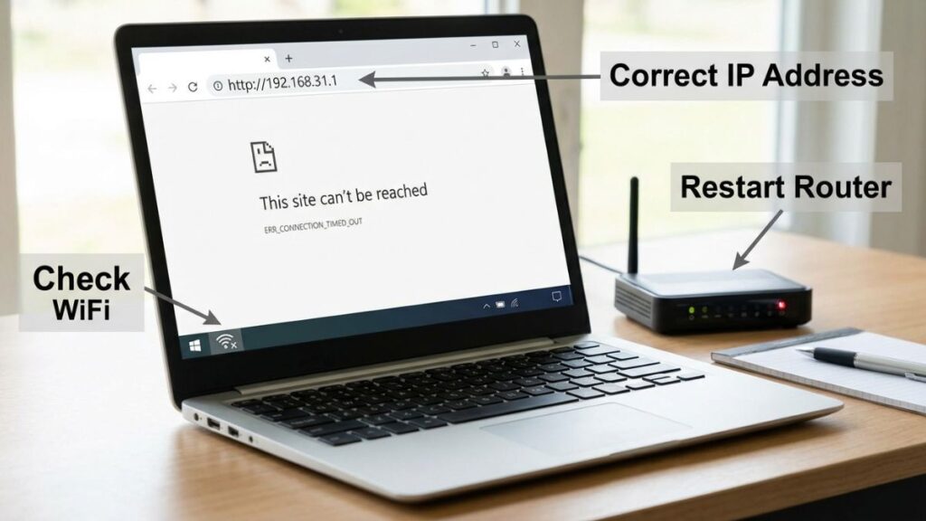 192.168.31.1 not working error on laptop with tips check wifi correct ip address and restart router