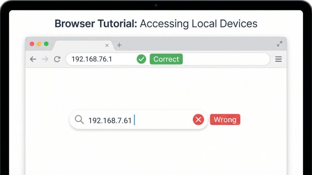 Correct vs wrong way of entering 192.168.76.1 in browser address bar for router login