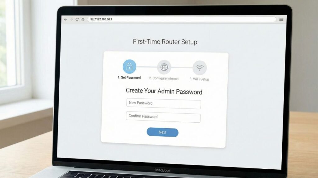 192.168.88.1 router setup page showing create admin password first time login configuration
