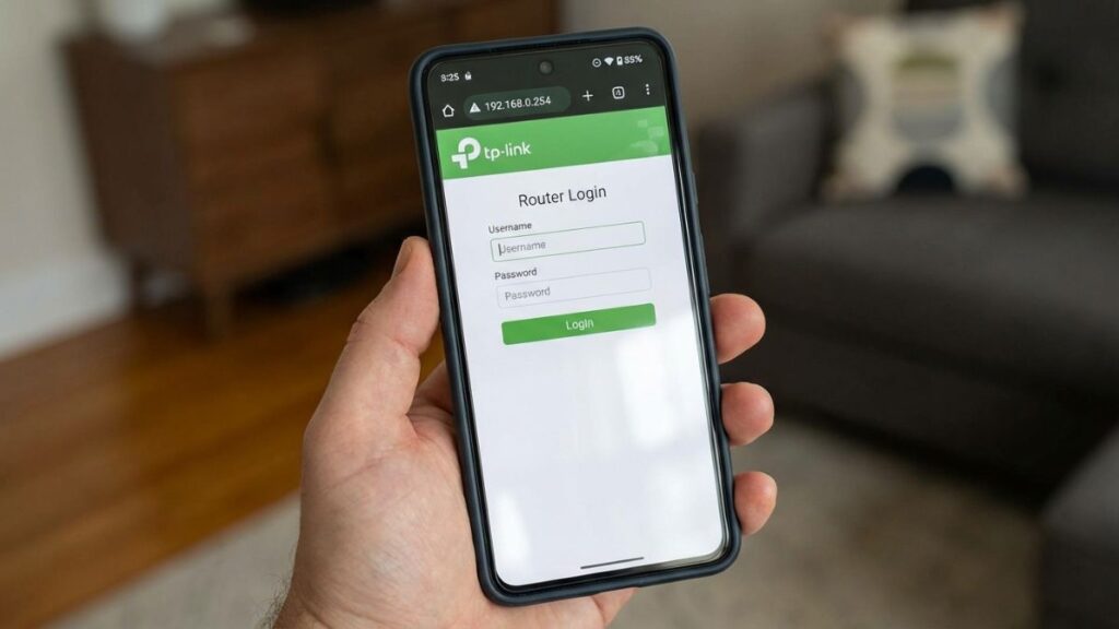 Smartphone displaying TP-Link router admin login page at 192.168.0.254 with username and password fields