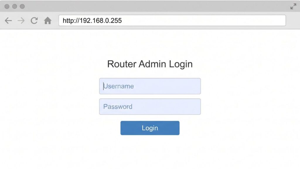 192.168.0.255 router admin login page with username and password fields in browser