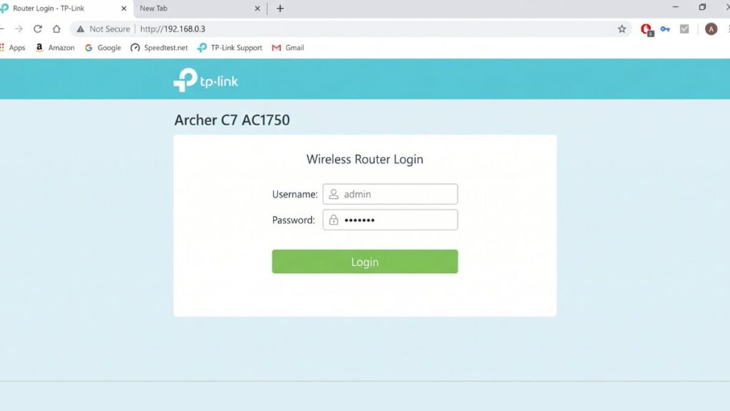 192.168.0.3 TP-Link router login page Archer C7 AC1750 showing admin username password fields and login button