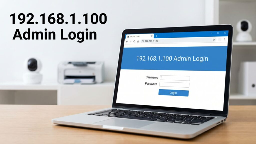 Laptop displaying 192.168.1.100 admin login page with username and password fields for router configuration