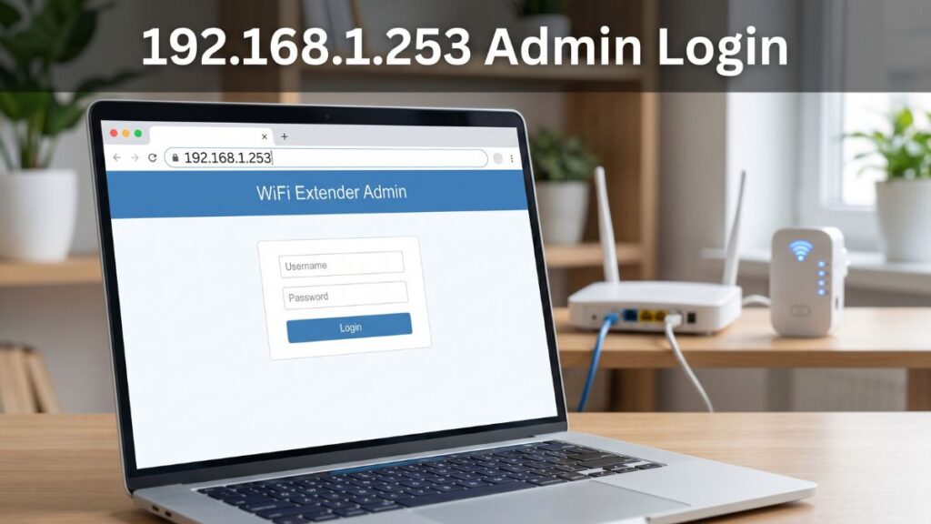 Laptop showing 192.168.1.253 admin login page for WiFi extender setup with router and signal booster in background