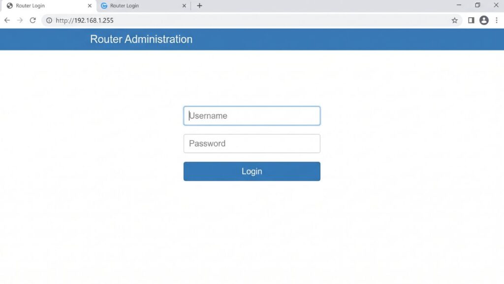 Router administration login page at 192.168.1.255 with username and password fields and login button