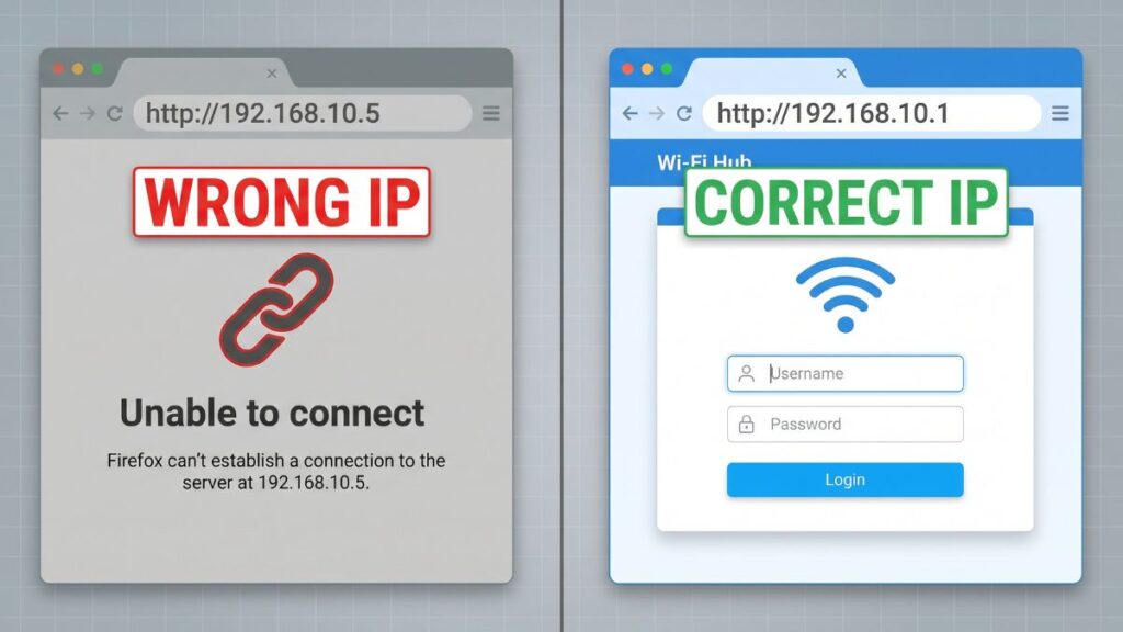 Comparison of wrong IP (192.168.10.5 connection error) vs correct IP (192.168.10.1 router login page) showing how to access router admin panel